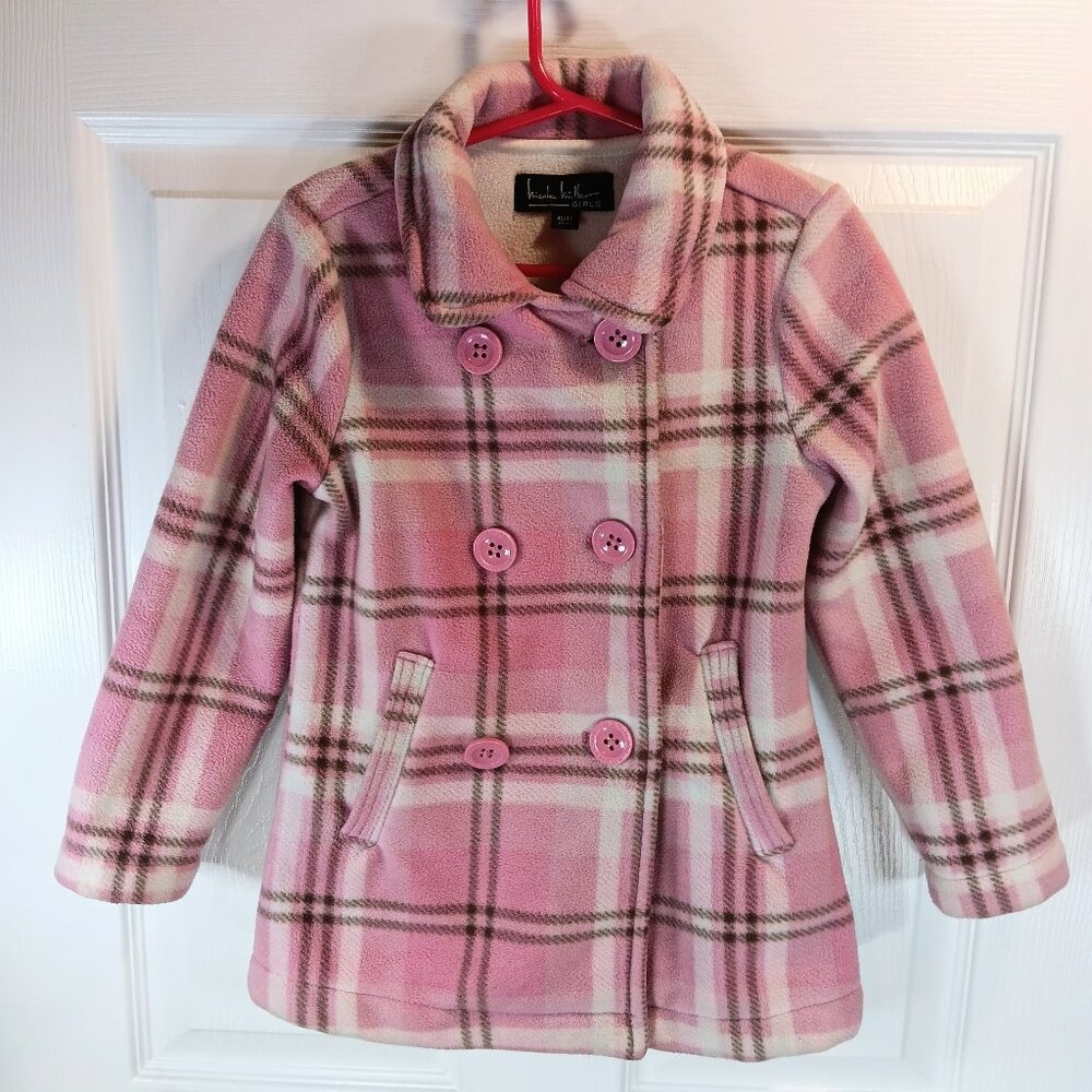 NWOT Nicole Miller Girls Fleece Pea Coat Pink Cream Plaid Size XS